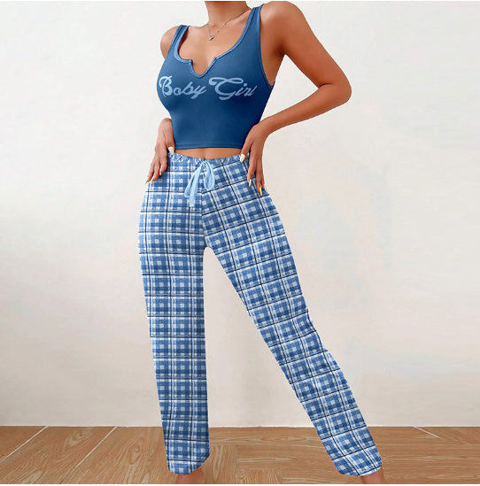 Spring Summer Women's Casual Pajamas Home Wear Vest Color Matching Plaid Trousers Letter Print Top Ladies 2 Pcs Home Clothes Sleepwear