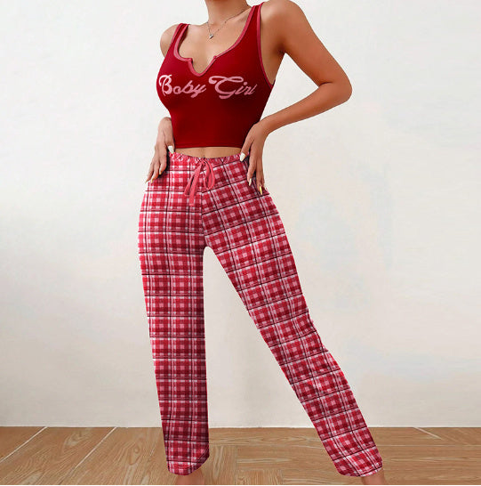 Spring Summer Women's Casual Pajamas Home Wear Vest Color Matching Plaid Trousers Letter Print Top Ladies 2 Pcs Home Clothes Sleepwear