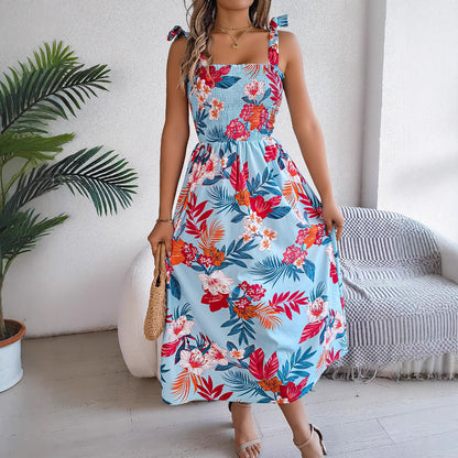 Flowers Print Suspender Corset Dress Ins Fashion Holiday Beach Long Dresses Summer Clothing For Women