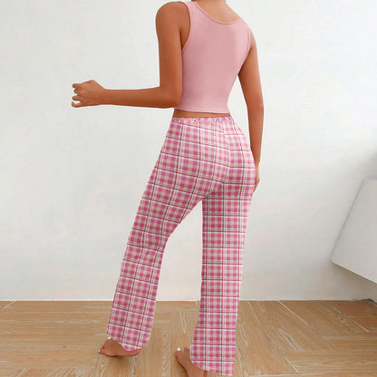 Spring Summer Women's Casual Pajamas Home Wear Vest Color Matching Plaid Trousers Letter Print Top Ladies 2 Pcs Home Clothes Sleepwear